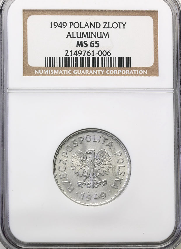 PRL. 1 złoty 1949 aluminium NGC MS65